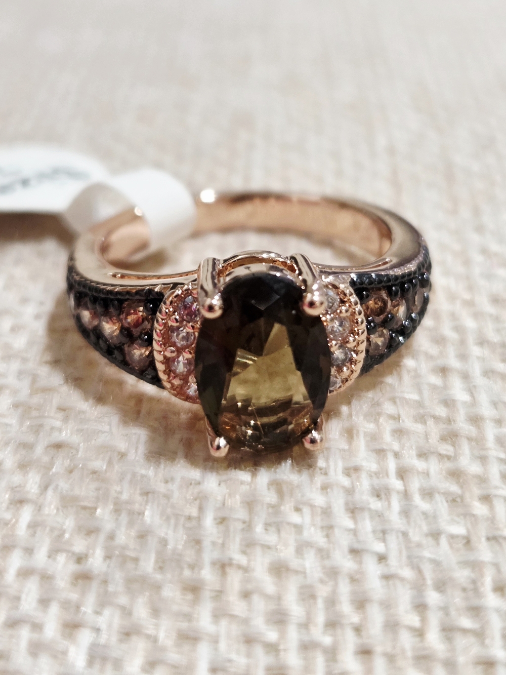 Rose Gold Smoky Quartz Oval Ring with Black and White Accents~size 7